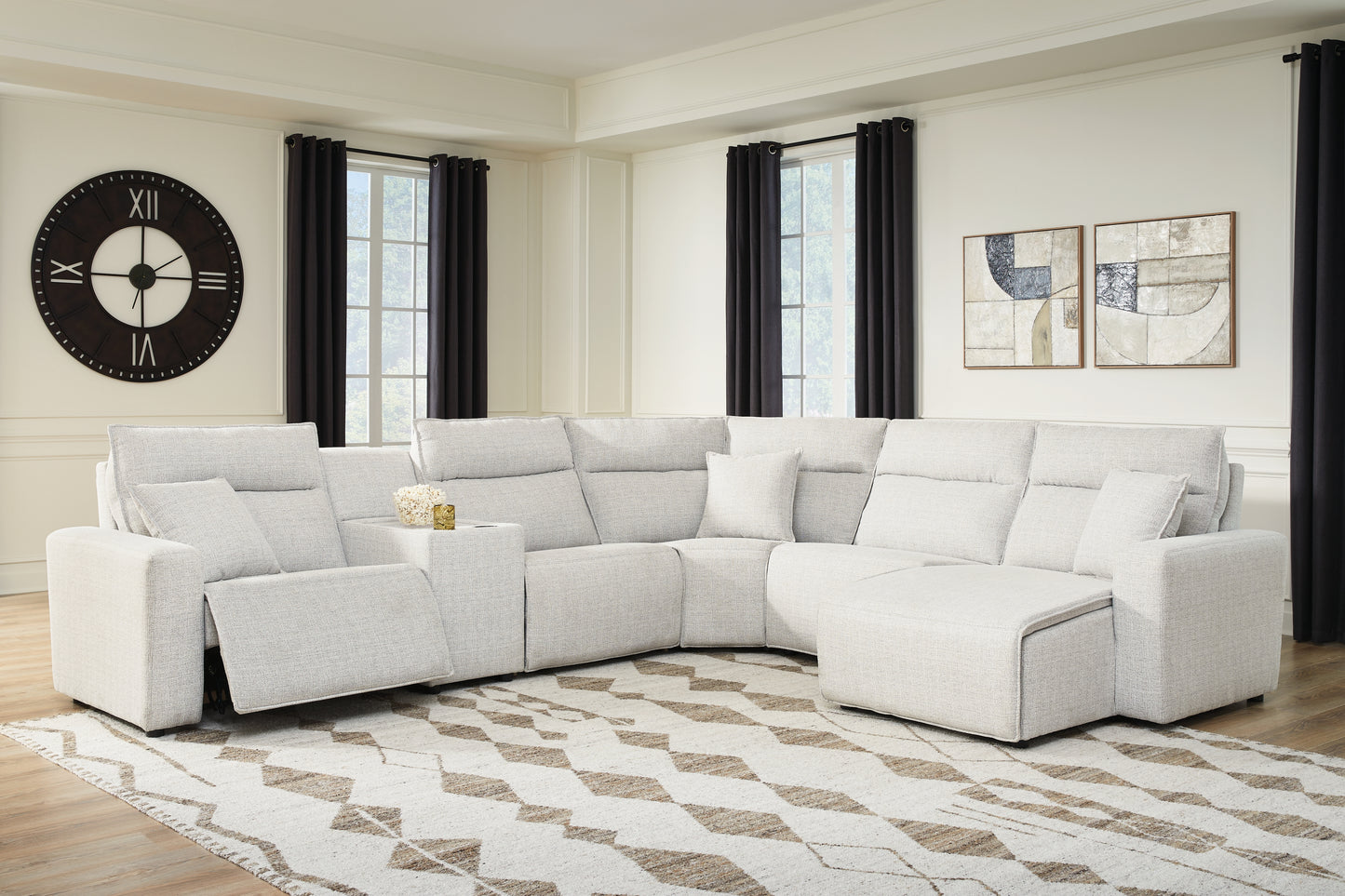 Auburndale Furniture Outlet - Ashley Furniture - ModMax II Sectional - 6-Piece Power Reclining Sectional with Chaise and Console / Stone - 65907S6