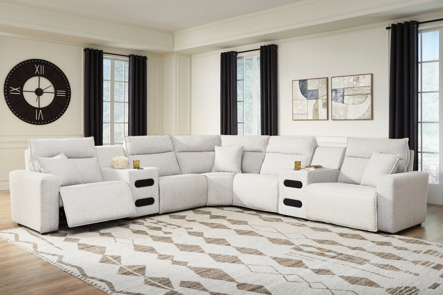 Auburndale Furniture Outlet - Ashley Furniture - ModMax II Sectional - 7-Piece Power Reclining Sectional with Chaise and Audio Consoles / Stone - 65907S9