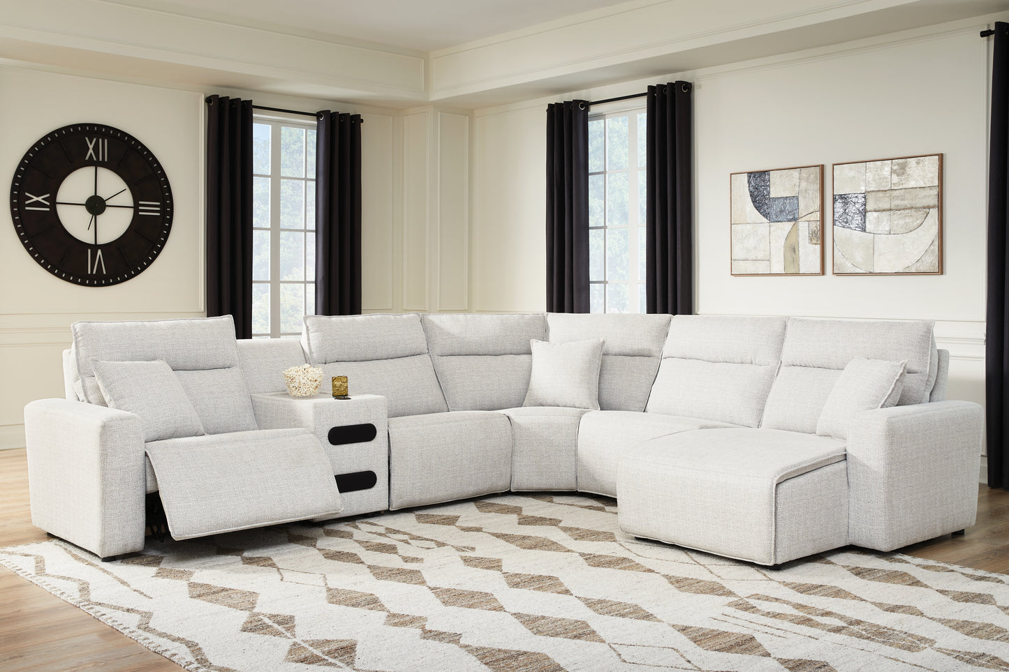 Auburndale Furniture Outlet - Ashley Furniture - ModMax II Sectional - 6-Piece Reclining Sectional with Chaise and Audio Console / Stone - 65907S28