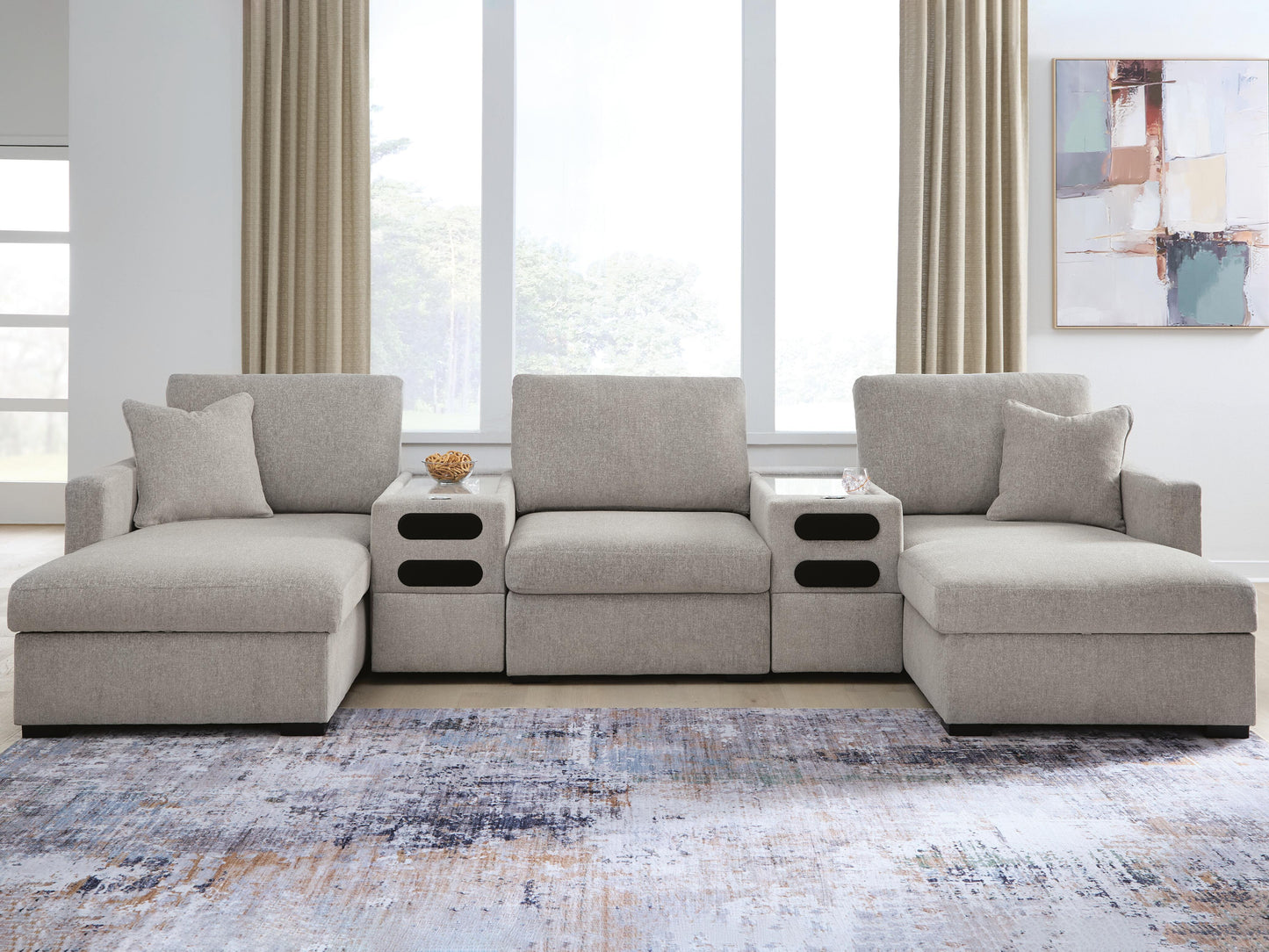 Auburndale Furniture Outlet - Ashley Furniture - ModMax Luxe Sectional - RAF 5-Piece Double Chaise Sectional with Audio Consoles / Flint - 68605S43