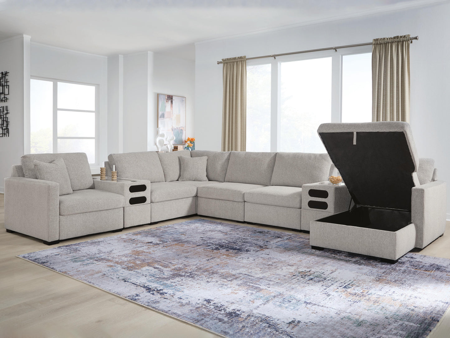 Auburndale Furniture Outlet - Ashley Furniture - ModMax Luxe Sectional - RAF 8-Piece Sectional with Storage Chaise and Audio Consoles / Flint - 68605S80