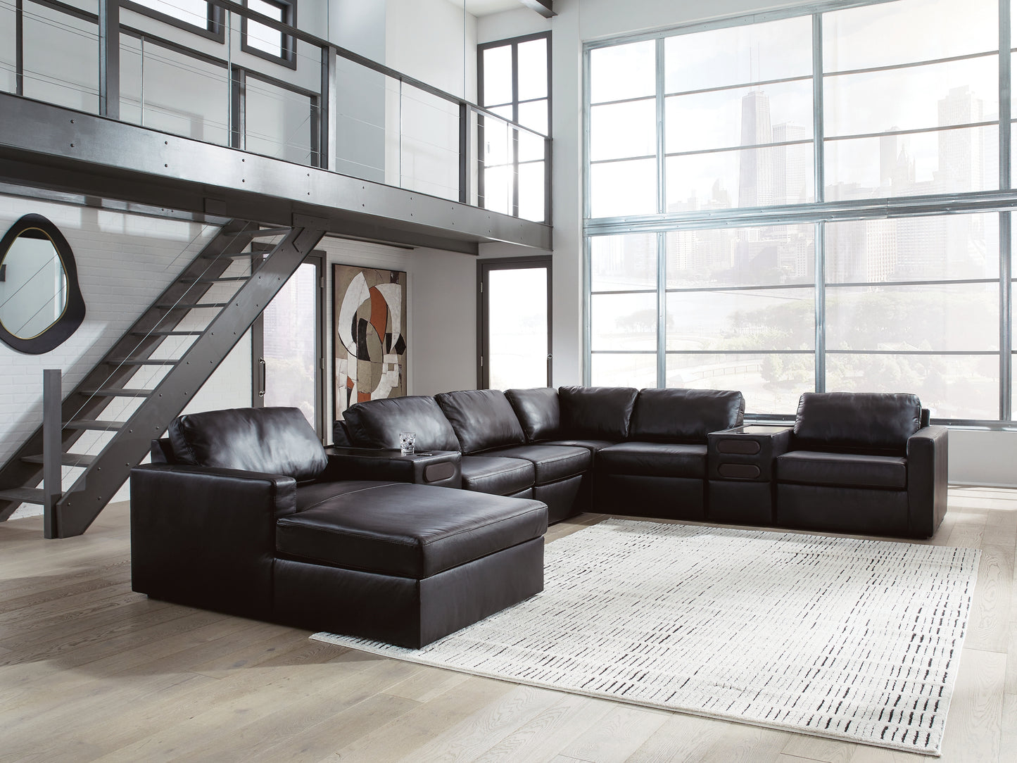 Auburndale Furniture Outlet - Ashley Furniture - ModMax II Sectional - RAF 8-Piece Sectional with Chaise and Audio Consoles / Black - 74305S47