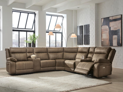Auburndale Furniture Outlet - Ashley Furniture - Max-Momentum Sectional - 7-Piece Power Reclining Sectional with Audio Consoles / Biscotti - PC82305S8