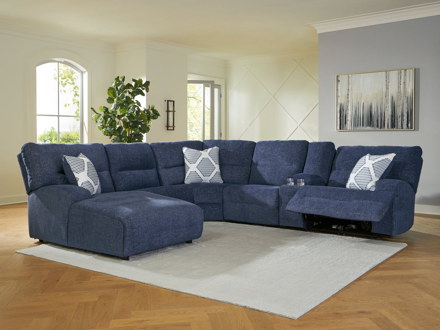 Auburndale Furniture Outlet - Ashley Furniture - Acklen Place Sectional - 6-Piece Power Reclining Sectional with Chaise / Navy - 93607S2