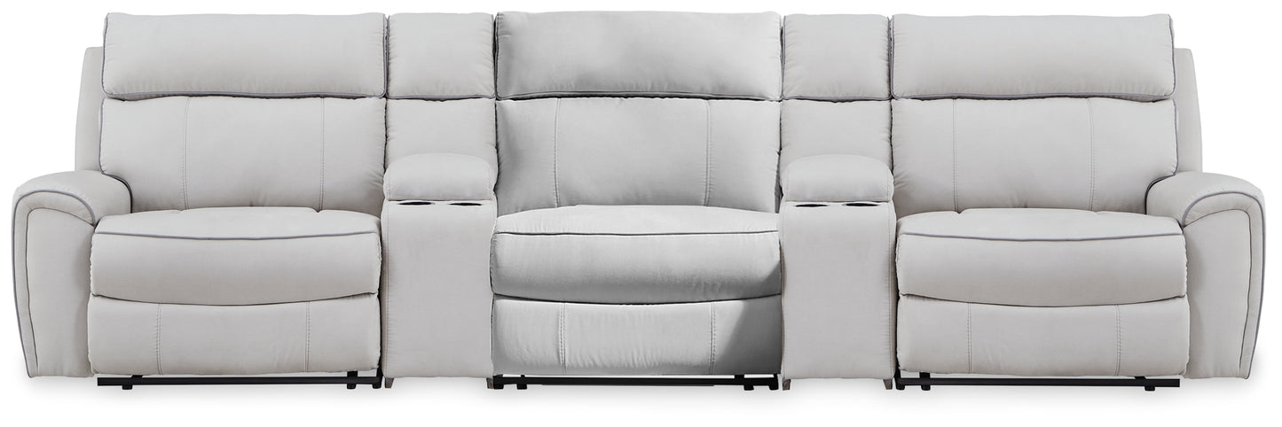 Auburndale Furniture Outlet - Ashley Furniture - Social Pointe Sectional - 5-Piece Reclining Sectional with Storage Consoles / Pearl/Ash - PC98802S39