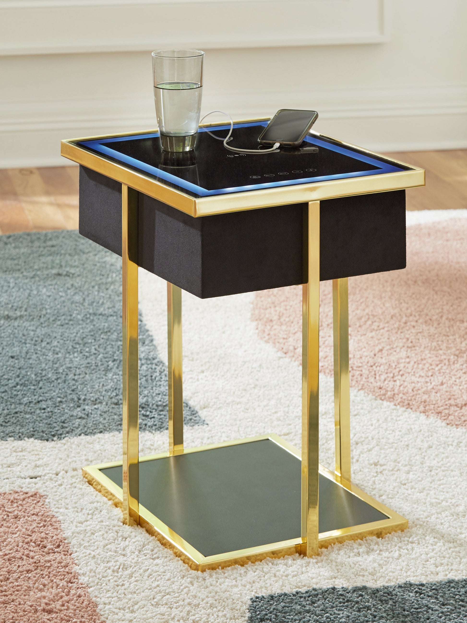 Auburndale Furniture Outlet - Ashley Furniture - Rexwell Accent Table with Speaker - Accent Table with Speaker / Black/Gold Finish - A4000681