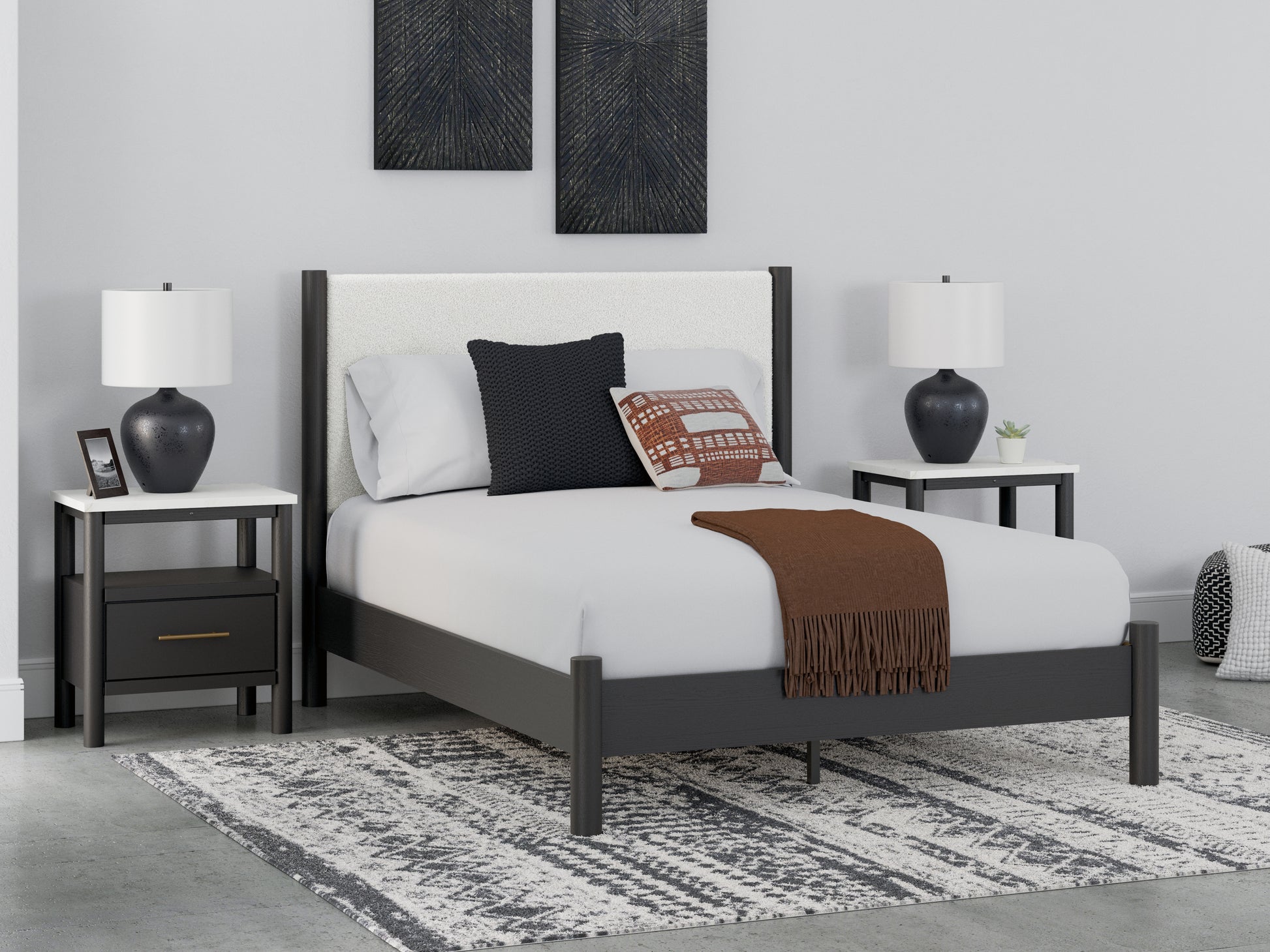 Auburndale Furniture Outlet - Ashley Furniture - Cadmori Bedroom - Queen Upholstered Panel Bed / Black/White - B2616B2