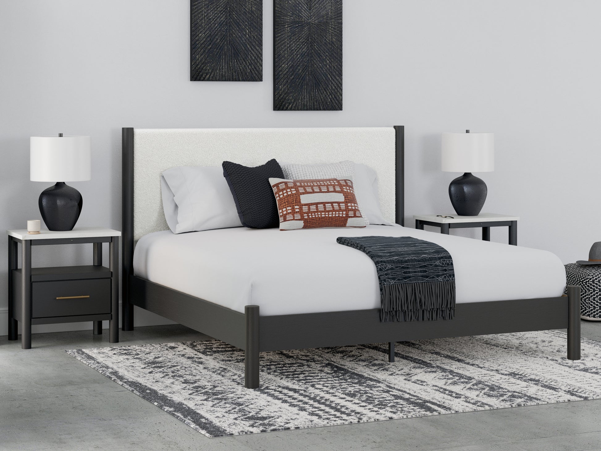 Auburndale Furniture Outlet - Ashley Furniture - Cadmori Bedroom - King Upholstered Panel Bed / Black/White - B2616B8