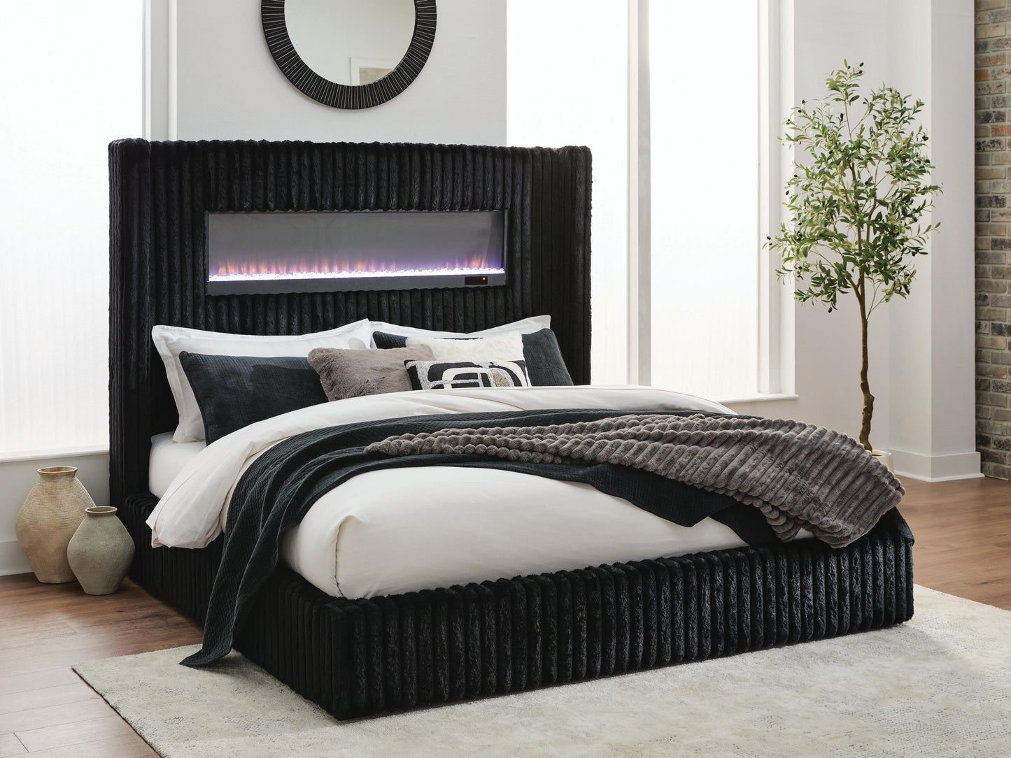 Auburndale Furniture Outlet - Ashley Furniture - Tayleena Bedroom - King Upholstered Bed with Fireplace and Wireless Audio - PCB620B2