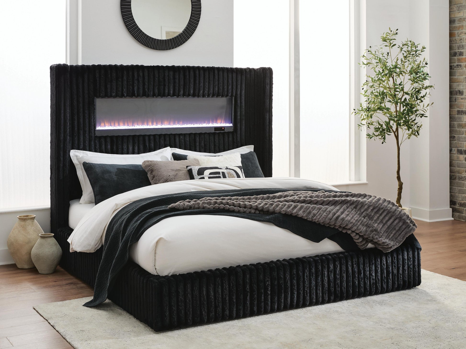 Auburndale Furniture Outlet - Ashley Furniture - Tayleena Bedroom - King Upholstered Bed with Fireplace and Wireless Audio - PCB620B2