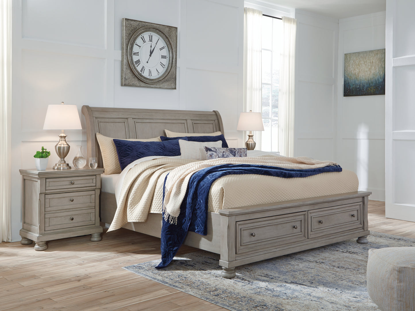 Auburndale Furniture Outlet - Ashley Furniture - Lettner Bedroom - King Sleigh Bed with 2 Storage Drawers / Light Gray - B733B8