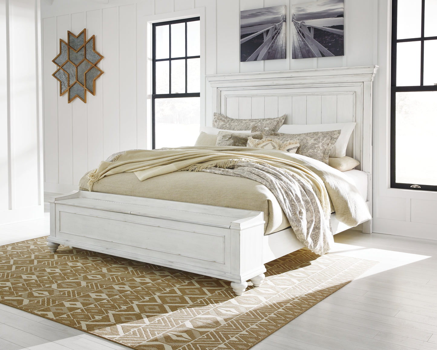 Auburndale Furniture Outlet - Ashley Furniture - Kanwyn Bedroom - Queen Panel Bed with Storage Bench / Whitewash - B777B6