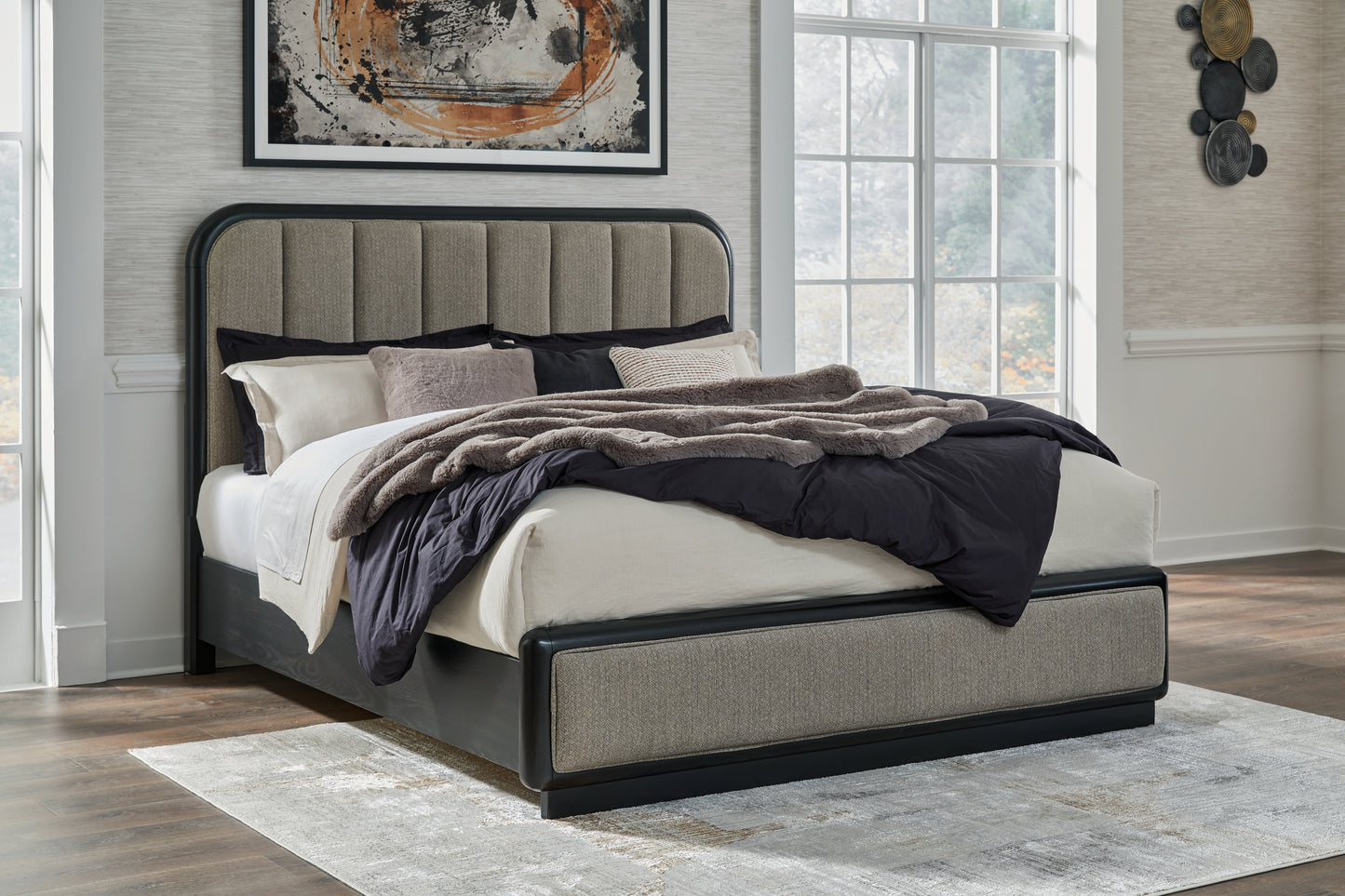 Auburndale Furniture Outlet - Ashley Furniture - Rowanbeck Bedroom - California King Upholstered Panel Bed / Gray/Black - B821B5