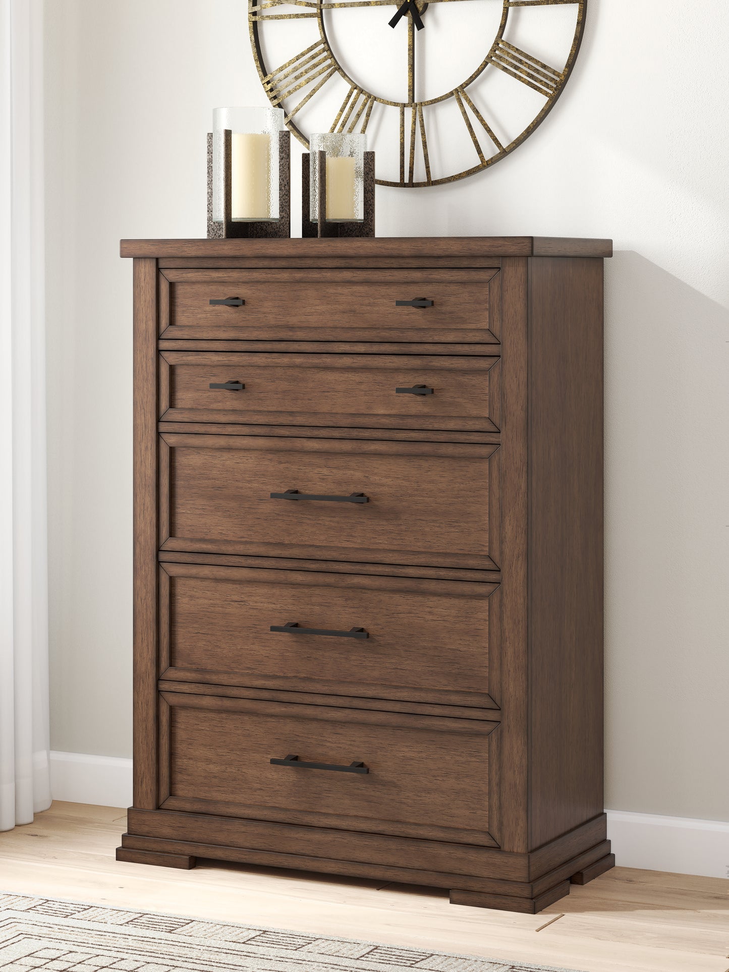 Auburndale Furniture Outlet - Ashley Furniture - Taffenbrook Bedroom - Five Drawer Chest / Medium Brown - B849-46