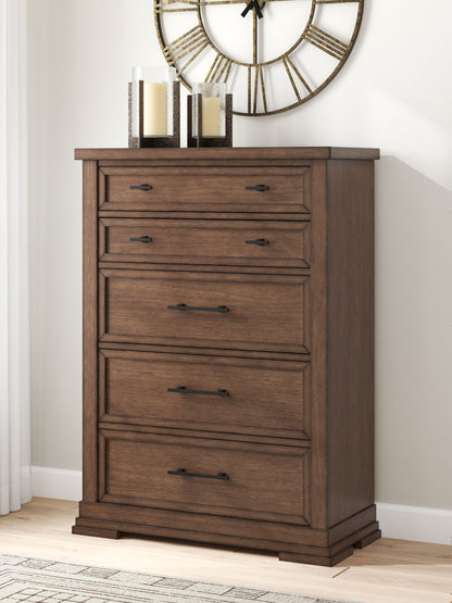 Auburndale Furniture Outlet - Ashley Furniture - Taffenbrook Bedroom - Five Drawer Chest / Medium Brown - B849-46