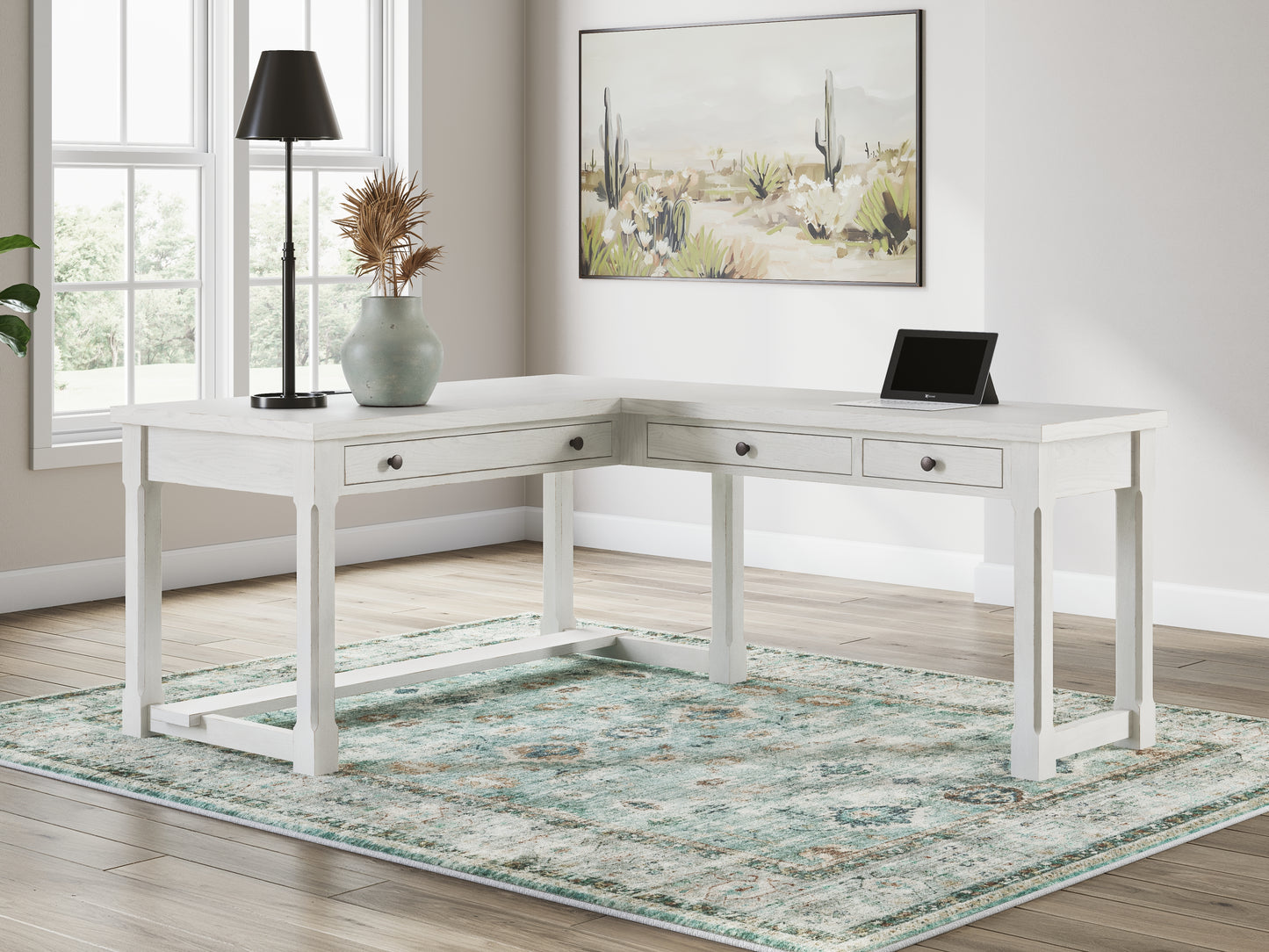 Auburndale Furniture Outlet - Ashley Furniture - Robbinsdale Office Desk - L-Shaped Home Office Desk / Antique White - H742H1