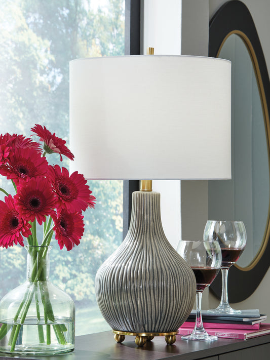Auburndale Furniture Outlet - Ashley Furniture - Judlen Lighting - Ceramic Table Lamp (1/CN) / Gray/Gold Finish - L100844