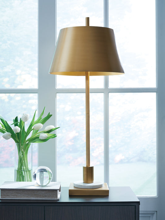 Auburndale Furniture Outlet - Ashley Furniture - Fritzburn Lighting - Metal Table Lamp (1/CN) / Gold Finish/White - L208444