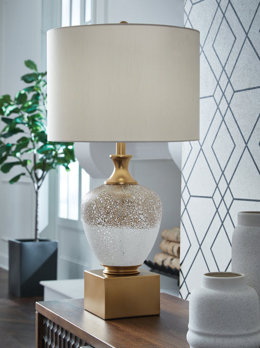 Auburndale Furniture Outlet - Ashley Furniture - Tavisburg Lighting - Glass Table Lamp (1/CN) / Brown/White/Gold - L430894