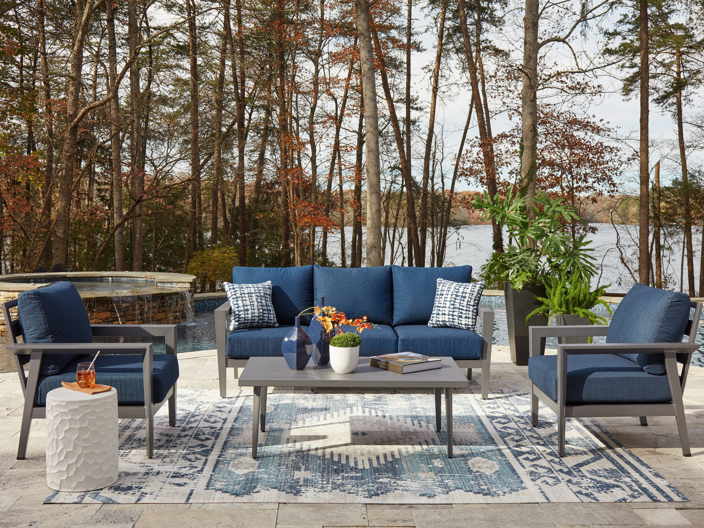 Auburndale Furniture Outlet - Ashley Furniture - Gali Outdoor - Sofa/Chairs/Table Set (4/CN) / Gray/Blue - P275-081