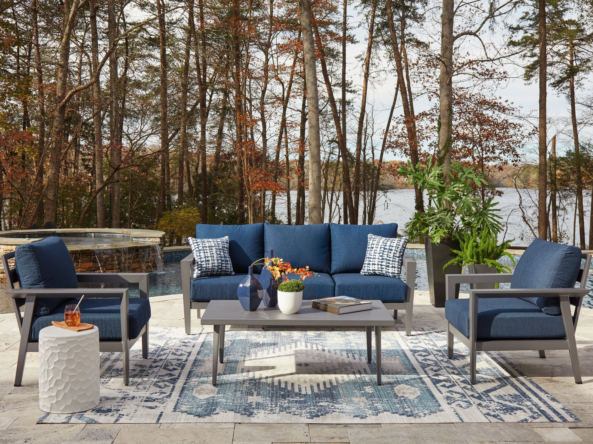 Auburndale Furniture Outlet - Ashley Furniture - Gali Outdoor - Sofa/Chairs/Table Set (4/CN) / Gray/Blue - P275-081