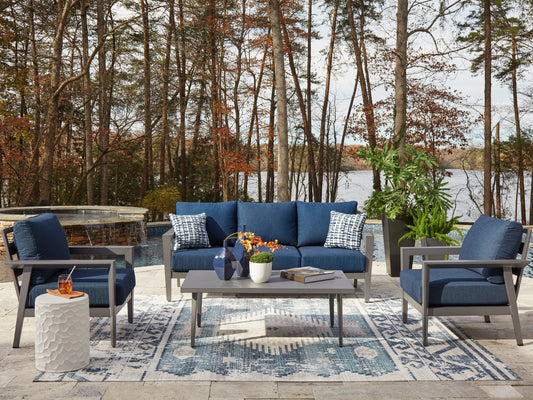 Auburndale Furniture Outlet - Ashley Furniture - Gali Outdoor - Sofa/Chairs/Table Set (4/CN) / Gray/Blue - P275-081