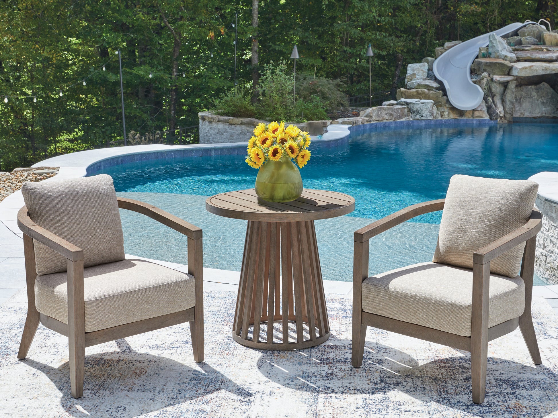 Auburndale Furniture Outlet - Ashley Furniture - Joy Lagoon Outdoor - Chairs w/CUSH/Table Set (3/CN) - PCP310-050