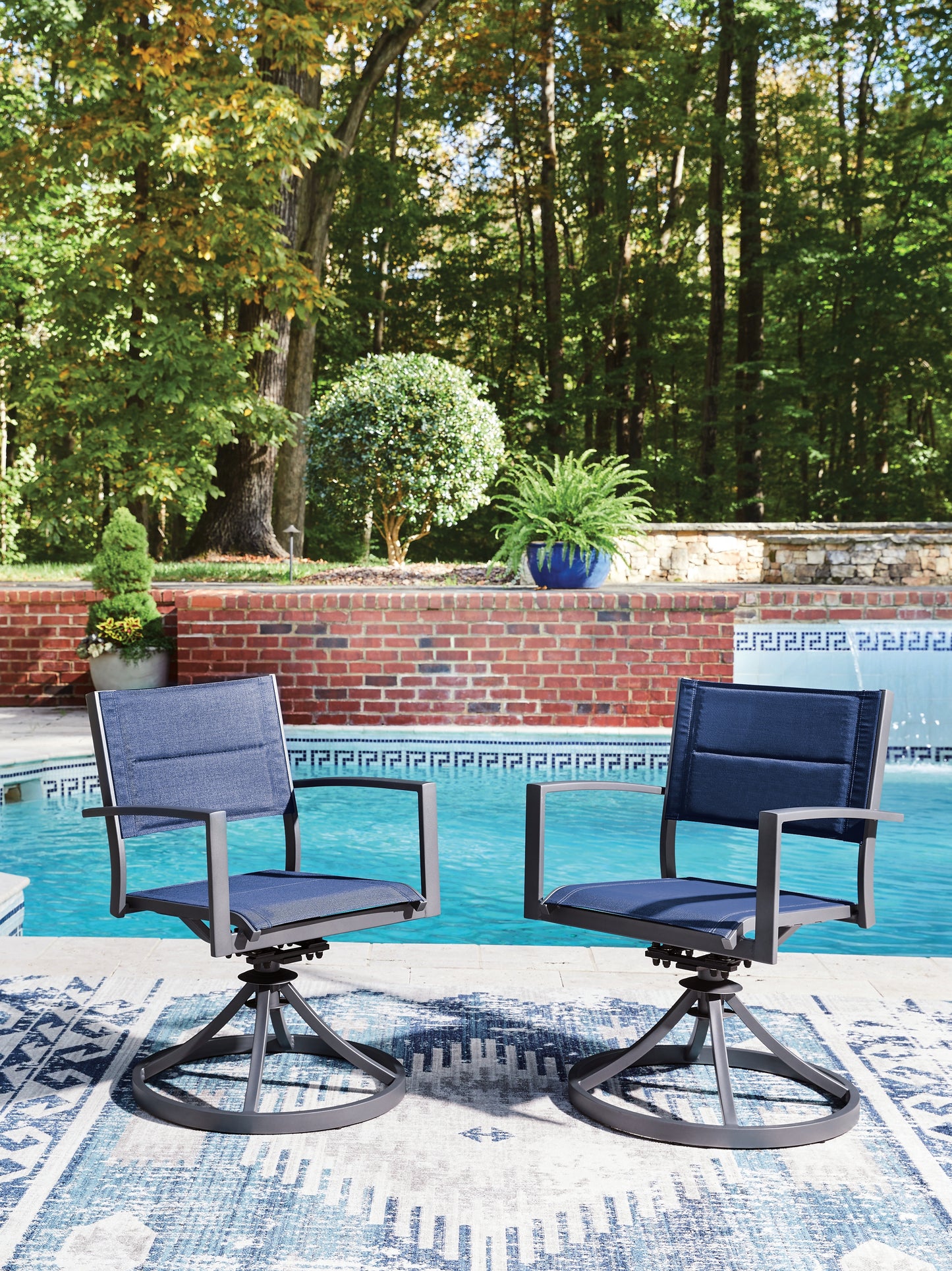 Auburndale Furniture Outlet - Ashley Furniture - Rocky Creek Outdoor - Sling Swivel Chair (Set of 2) / Blue/Gray - PCP326-602A