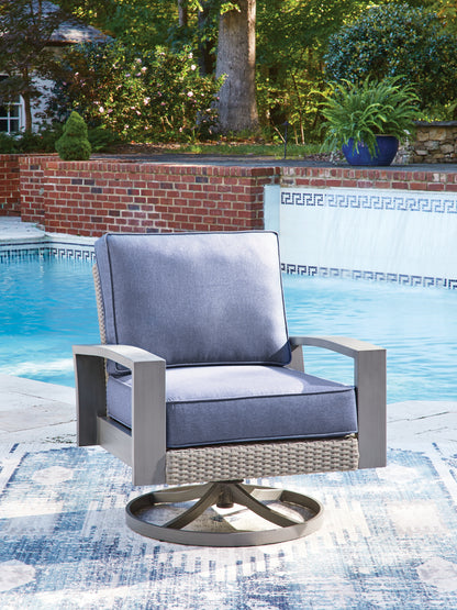 Auburndale Furniture Outlet - Ashley Furniture - Half Moon Beach Outdoor - Swivel Lounge w/ Cushion / Blue/Gray - PCP418-821
