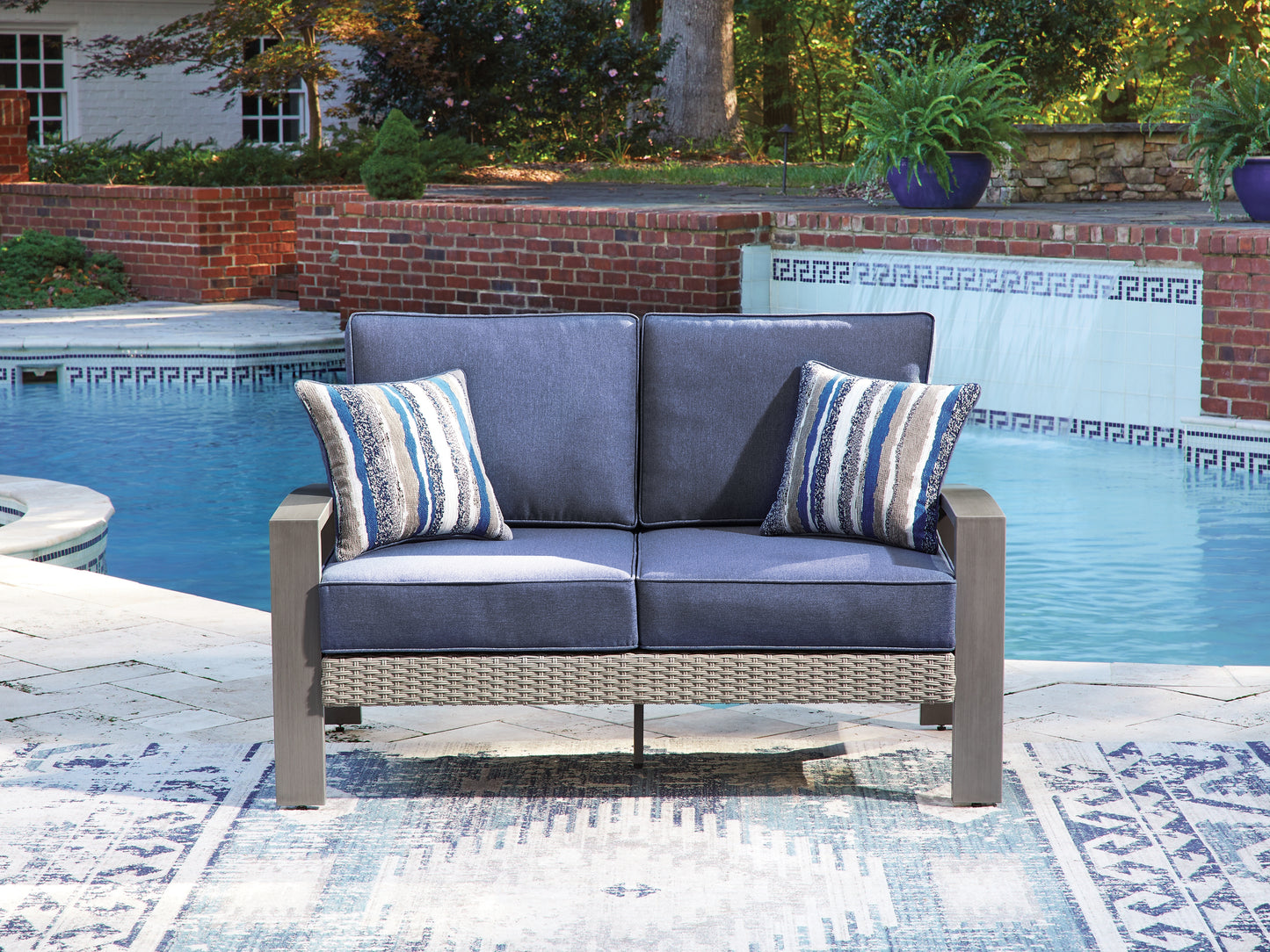 Auburndale Furniture Outlet - Ashley Furniture - Half Moon Beach Outdoor - Loveseat w/Cushion / Blue/Gray - PCP418-835
