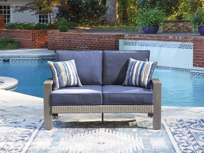 Auburndale Furniture Outlet - Ashley Furniture - Half Moon Beach Outdoor - Loveseat w/Cushion / Blue/Gray - PCP418-835