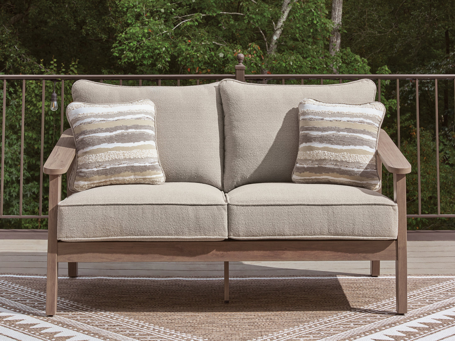Auburndale Furniture Outlet - Ashley Furniture - Harmony Headlands Outdoor - Loveseat w/Cushion / Natural/Gray - PCP428-835