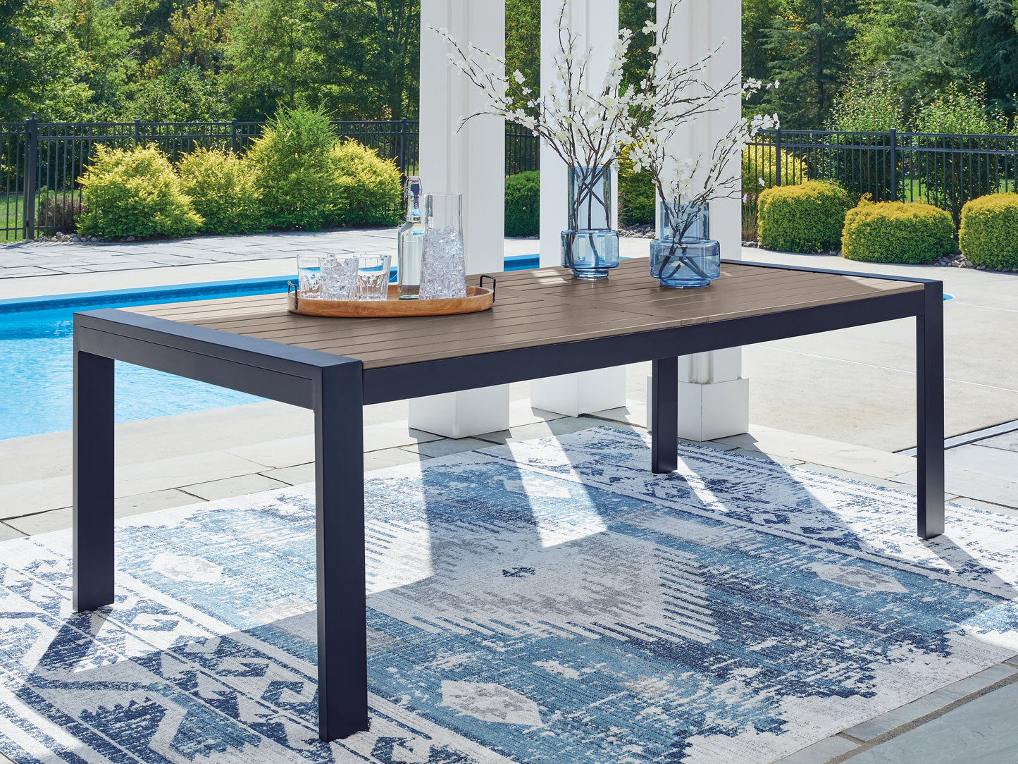 Auburndale Furniture Outlet - Ashley Furniture - East Beach Outdoor - RECT Dining Table w/UMB OPT / Navy Blue/Driftwood - PCP587-625