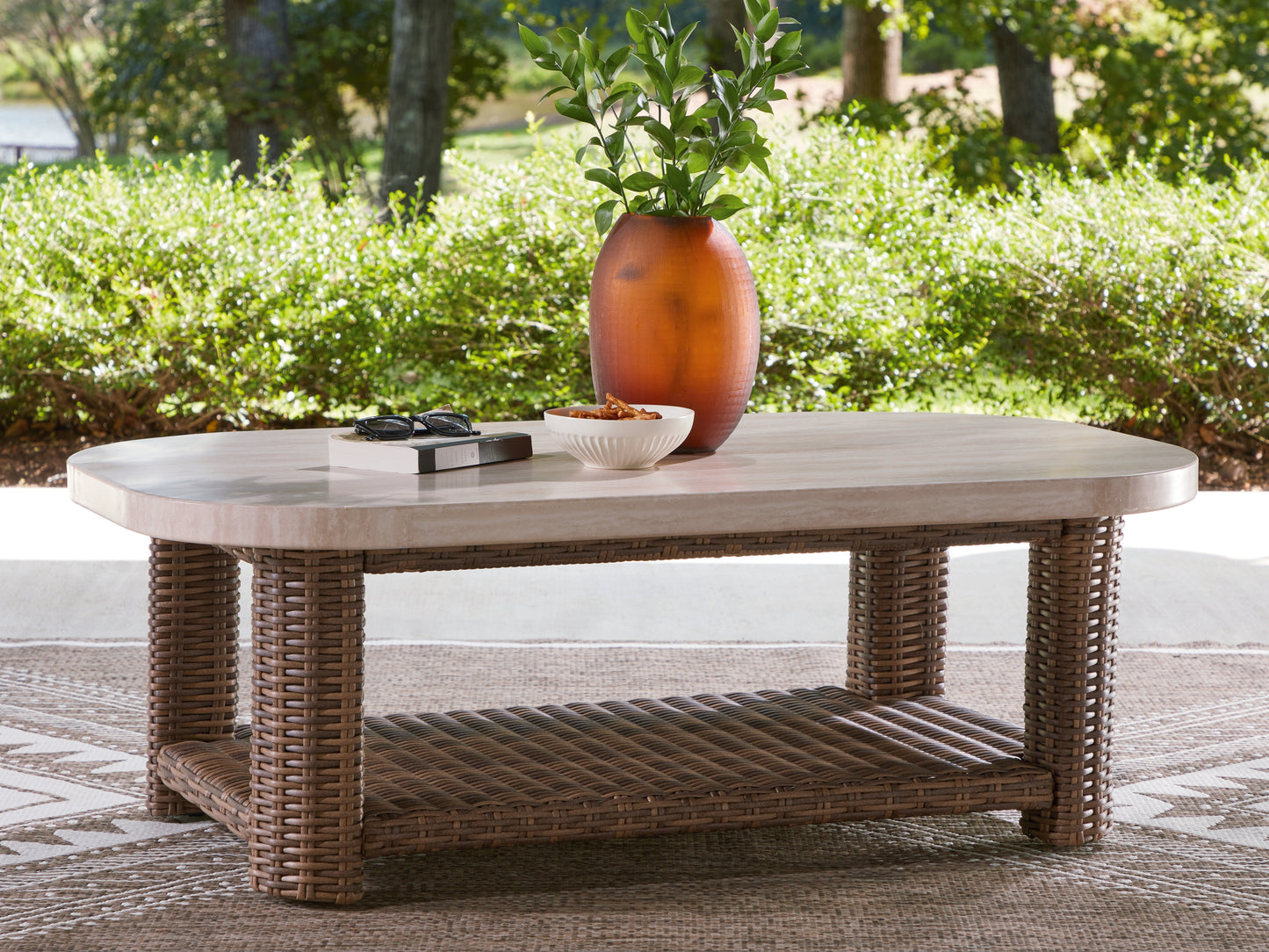 Auburndale Furniture Outlet - Ashley Furniture - Dolan Creek Outdoor - Rectangular Cocktail Table / Beige/Brown - PCP610-701