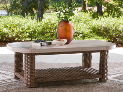 Auburndale Furniture Outlet - Ashley Furniture - Dolan Creek Outdoor - Rectangular Cocktail Table / Beige/Brown - PCP610-701