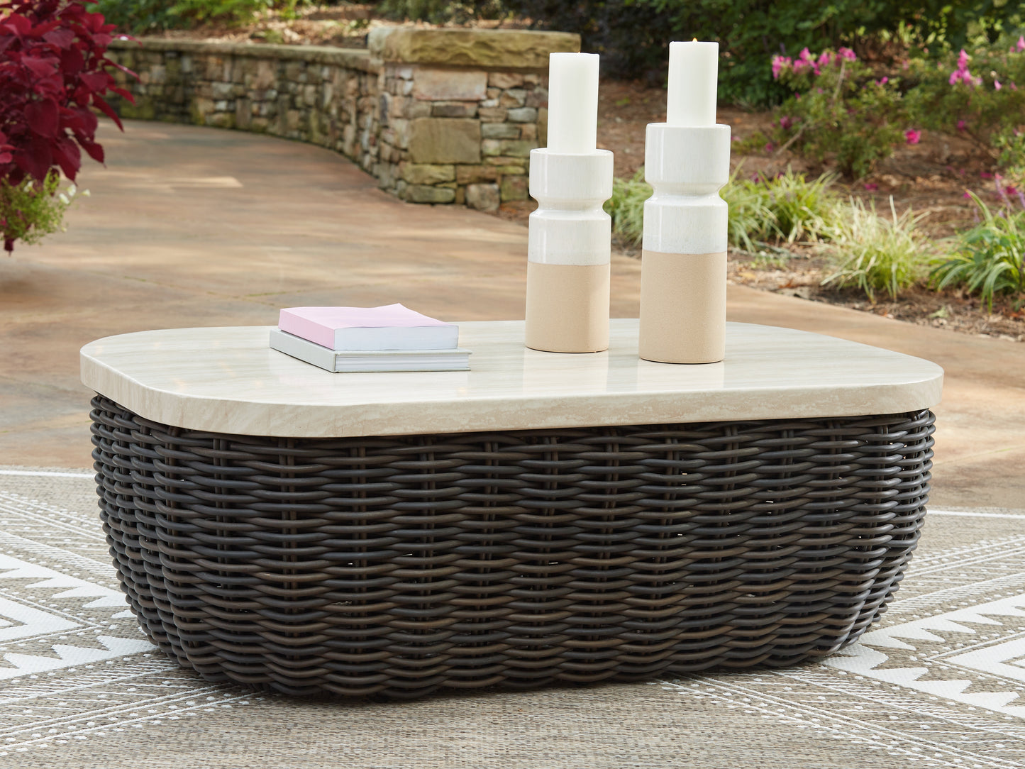 Auburndale Furniture Outlet - Ashley Furniture - Kimora Outdoor - Rectangular Cocktail Table / Beige/Dark Brown - P711-701