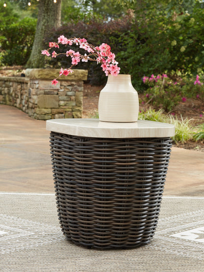 Auburndale Furniture Outlet - Ashley Furniture - Kimora Outdoor - Square End Table / Beige/Dark Brown - P711-702