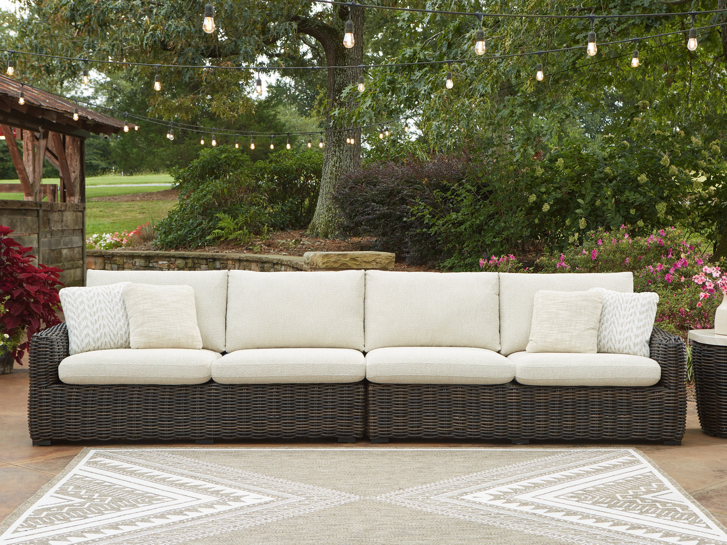 Auburndale Furniture Outlet - Ashley Furniture - Kimora Outdoor - RAF/LAF Loveseat w/CUSH (Set of 2) / Beige/Dark Brown - P711-854