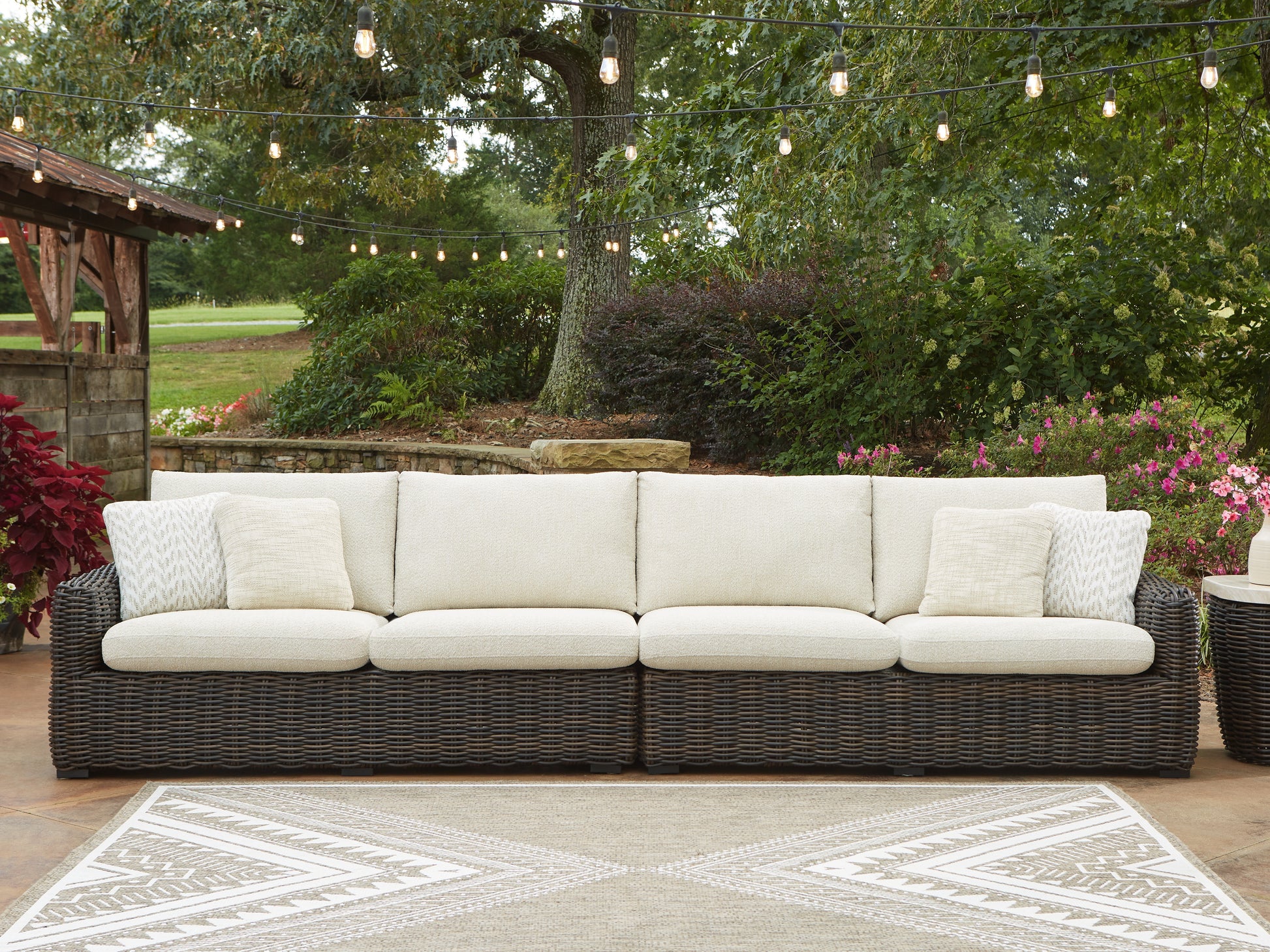 Auburndale Furniture Outlet - Ashley Furniture - Kimora Outdoor - RAF/LAF Loveseat w/CUSH (Set of 2) / Beige/Dark Brown - P711-854