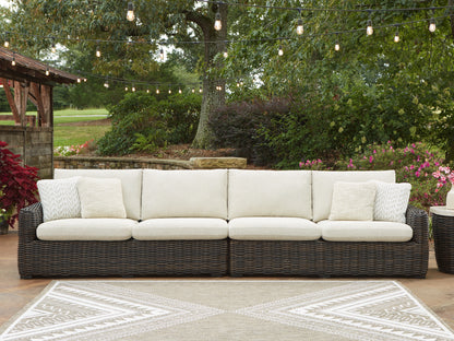 Auburndale Furniture Outlet - Ashley Furniture - Kimora Outdoor - RAF/LAF Loveseat w/CUSH (Set of 2) / Beige/Dark Brown - P711-854