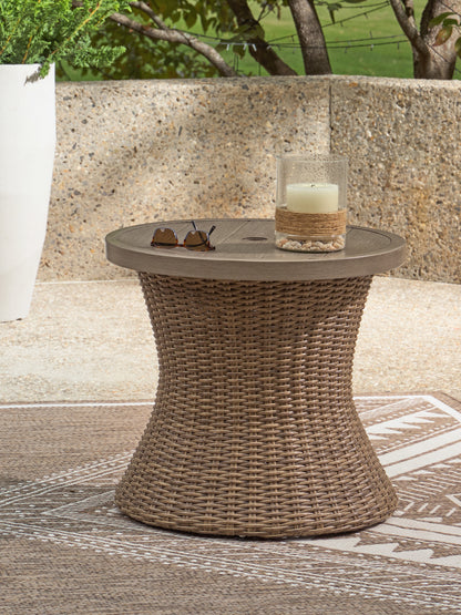 Auburndale Furniture Outlet - Ashley Furniture - Laguna Heights Outdoor - Round End Table w/UMB OPT / Beige - PCP790-706