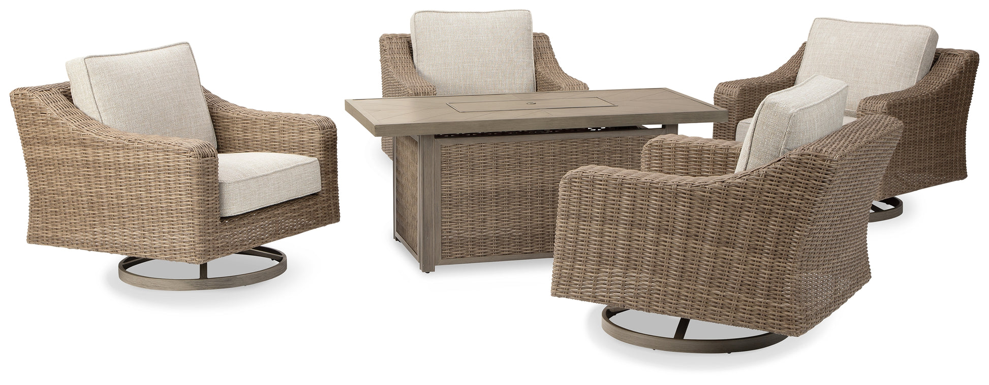 Auburndale Furniture Outlet - Ashley Furniture - Beachcroft Outdoor - 5-Piece Outdoor Fire Pit Table with 4 Chairs / Beige - P791P17