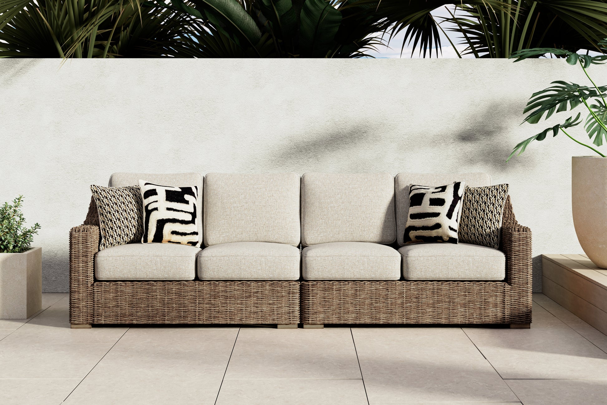 Auburndale Furniture Outlet - Ashley Furniture - Beachcroft Outdoor - RAF/LAF Loveseat w/CUSH (Set of 2) / Beige - P791-854