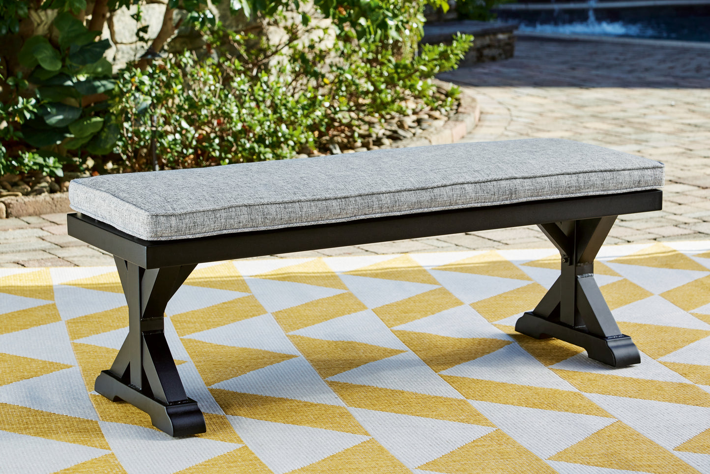 Auburndale Furniture Outlet - Ashley Furniture - Beachcroft Outdoor - Bench with Cushion / Black/Light Gray - P792-600
