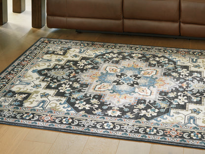 Auburndale Furniture Outlet - Ashley Furniture - Leningston Rug - 5' x 7' Washable Rug / Black/Cream/Blue - R407062