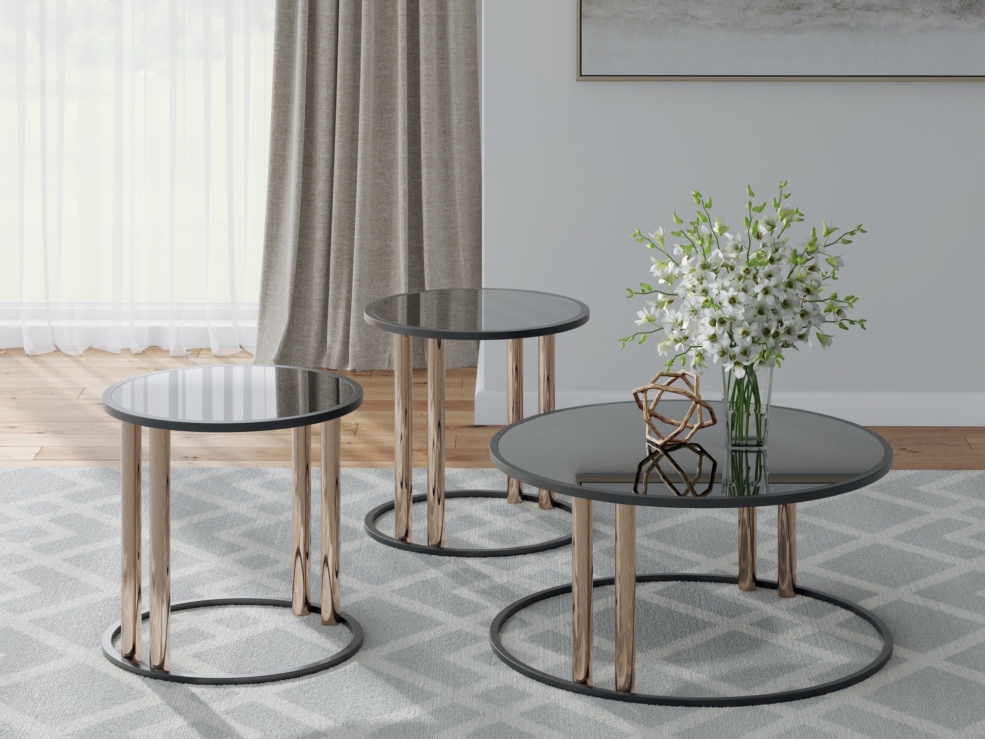 Auburndale Furniture Outlet - Ashley Furniture - Hannerly Table (Set of 3) - Occasional Table Set (3/CN) / Black/Gold Finish - T219-13