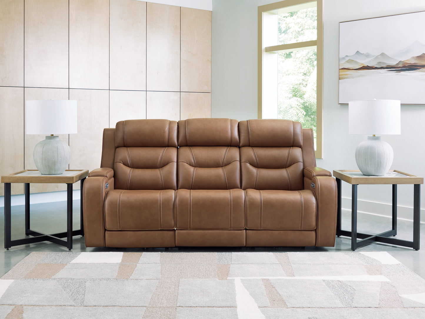 Auburndale Furniture Outlet - Ashley Furniture - Knightington Living Room - PWR REC Sofa w/Audio Seating / Caramel - PCU1160015A