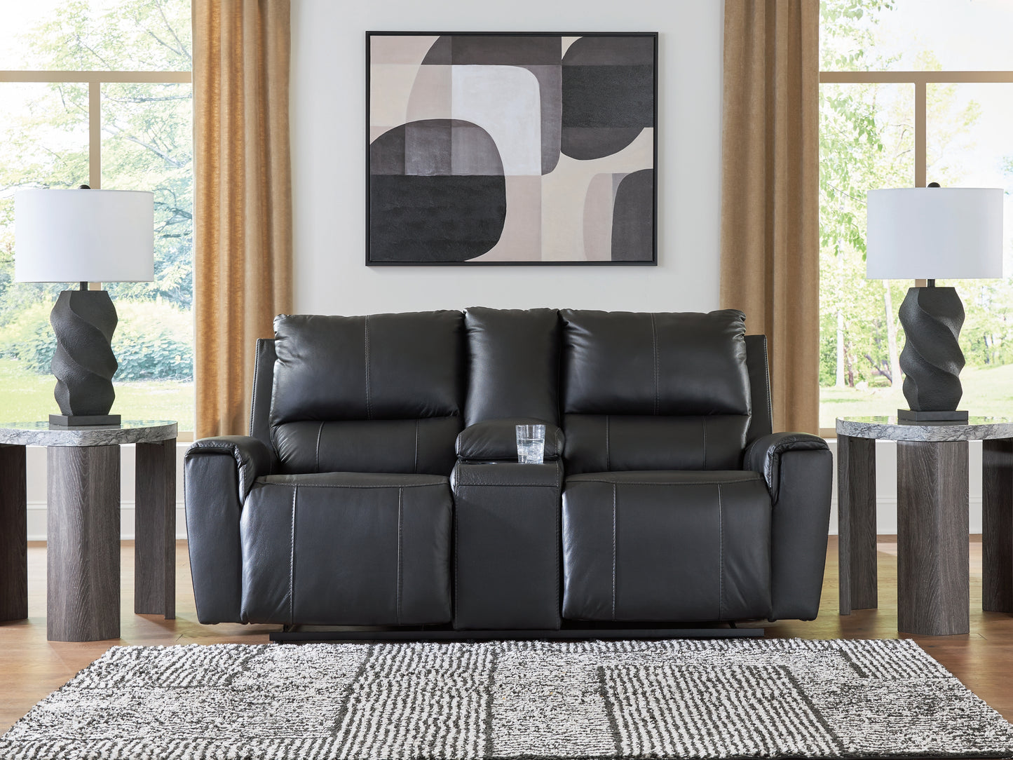 Auburndale Furniture Outlet - Ashley Furniture - Glossmore Living Room - DBL Rec Loveseat w/Console / Black - PCU1170094