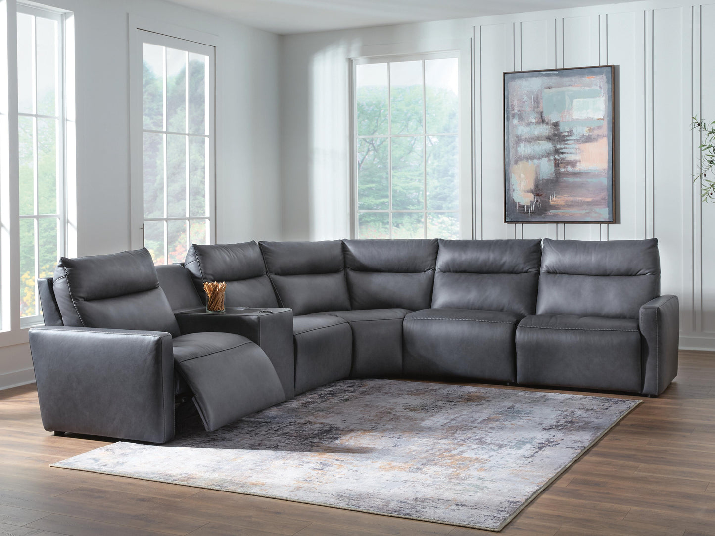 Auburndale Furniture Outlet - Ashley Furniture - ModZ Sectional - 6-Piece Power Reclining Sectional with Audio Console / Blue - U14001S9