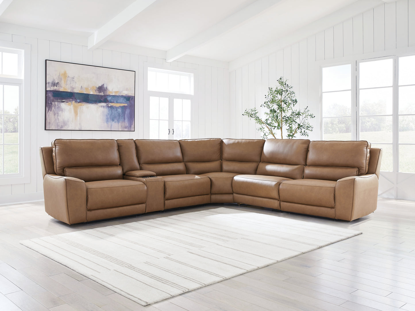 Auburndale Furniture Outlet - Ashley Furniture - DeepWakes Sectional - 6-Piece Reclining Sectional with Storage Console / Caramel - PCU62606S36